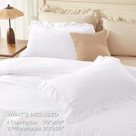 Andency White Ruffle Comforter Full Set, 3pcs Vintage Farmhouse Shabby Chic Bedding Comforter Set, Soft Lightweight Fluffy Bed Comforter Sets All Season Bedding Set Andency