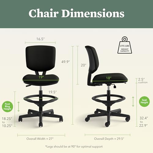 HON Volt Standing Desk Chair, Leather Office Chair with Foot Rest, Armless Drafting Stool, Ergonomic Recline and Center Tilt, for Computers, Offices, Work, Black HON