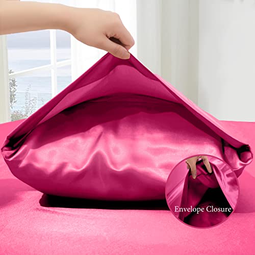 VACVELT 4pcs Hot Pink Satin Sheets King Size Bed Set, 15 Inch Deep Pocket Silky Satin Sheet Set, Soft Satin Bedding Set Cooling & Luxury Bed Sheets, 1 Fitted Sheet + 1 Flat Sheet + 2 Pillowcases VACVELT