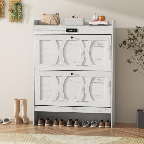 VFF Deodorizing Storage 2 Flip Drawers, LED Touchscreen Freestanding Organizer with Wooden Leg, Narrow Shoe Rack Cabinet for Hallway, Bedroom and Entryway, 31.5 x 9.5 x 41.57 inches, Rustic White VFF