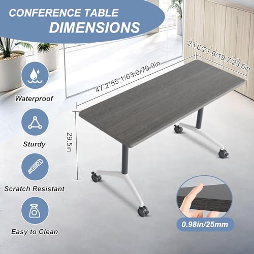 Modular Conference Table 4PCS, Folding Conference Room Tables on Wheels Grey 63in, Modern Rectangular Training Table for Office Meeting, Rolling Seminar Tables for 4-12 JNMDLAKO