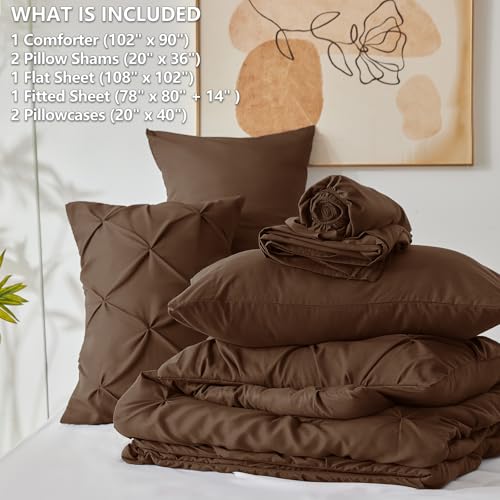 CozyLux King Size Comforter Set Brown, 7 Pieces Pintuck Bed in A Bag Brown Comforter King Size, Pinch Pleat Bedding Set with All Season Comforter, Sheets, Pillowcases & Shams CozyLux