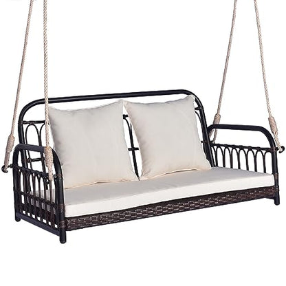 Tangkula Outdoor Wicker Porch Swing, 2-Person Hanging Seat with Seat & Back Cushions, Heavy-Duty Metal Frame & 2 Sturdy Hanging Ropes, Wicker Woven Swing Loveseat for Front Porch, Backyard (O - WoodArtSupply