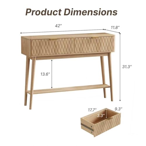 Cooday Console Table with Solid Wood Legs, Boho Modern Entryway Table with Storage Drawers, Fluted Narrow Sofa Table for Hallway,Living Room, Light Oak Cooday