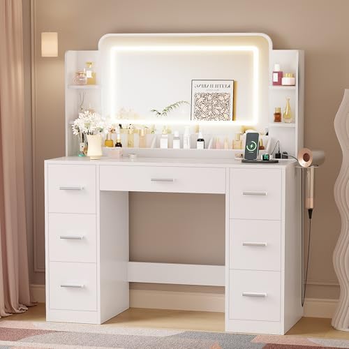 YESHOMY 43.3''Vanity Desk with LED Mirror & Power Outlet, 7 Drawer Makeup Vanity with Side Shelves, Lighted Dressing Table for Bedroom(White YESHOMY