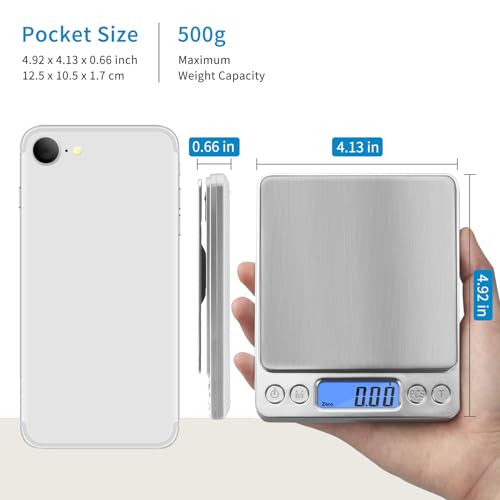 Toprime Digital Gram Scale 500g 0.01g Food Scale High Precision Kitchen Scale Multifunctional Stainless Steel Pocket Scale with Back-Lit LCD Display Tare PCS Features Silver