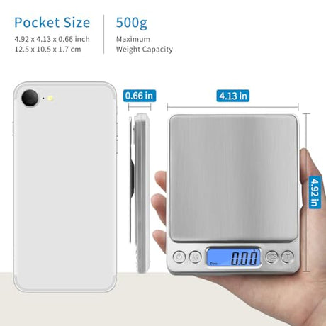Toprime Digital Gram Scale 500g 0.01g Food Scale High Precision Kitchen Scale Multifunctional Stainless Steel Pocket Scale with Back-Lit LCD Display Tare PCS Features Silver toprime