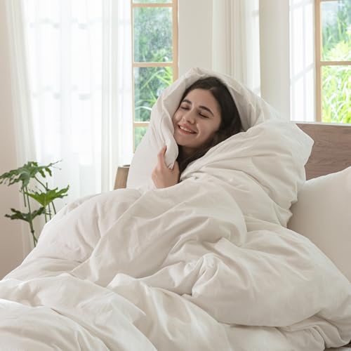 MooMee Bedding Duvet Cover Set 100% Washed Cotton Linen Like Textured Breathable Durable Soft Comfy (Solid Off White, Queen 90"x90") MooMee