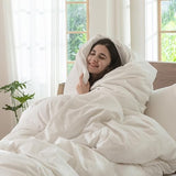 MooMee Bedding Duvet Cover Set 100% Washed Cotton Linen Like Textured Breathable Durable Soft Comfy (Solid Off White, Queen 90"x90") MooMee