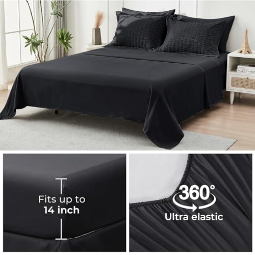 HYMOKEGE Black Queen Comforter Set Seersucker 7 Pieces, All Season Luxury Bed in a Bag for Bedroom, Bedding Set with Comforters, Sheets, Pillowcases & Shams HYMOKEGE