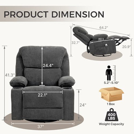 Power Recliner with Rocking, Swivel & Glider - Nursery Chair with One-Touch Button, Vibrating Massage & Heat, USB Charging Ports, Perfect for Nursery, Living Room, or Bedroom Relaxation, Dark Gray BRTHORY