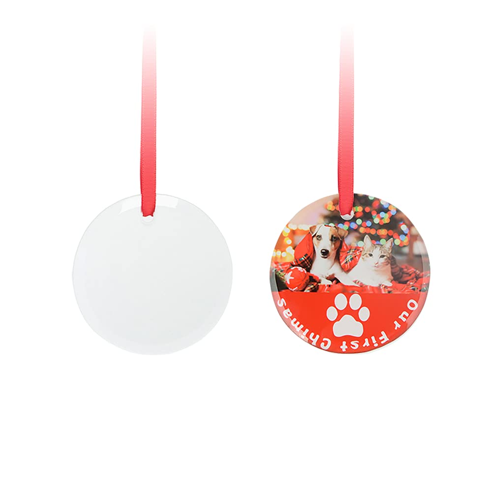 PYD Life 24 PCS Sublimation Ornament Blanks Glass 3 Inch Round Ornament with Red Ribbon for DIY Crafting Personalized Home Christmas Decor Bulk PYD Life