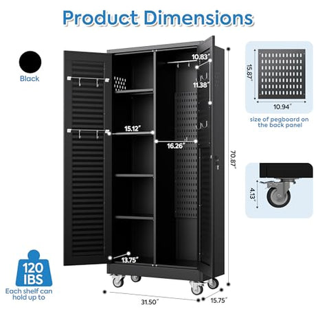 Aobabo Lockable Metal Storage Cabinet with 4 Adjuatable Shelves,Garage Storage Cabinet with Wheels and 5 Remove Pegboard,Required Assembly,Black,70.87''H*31.5''W*15.75''D Aobabo
