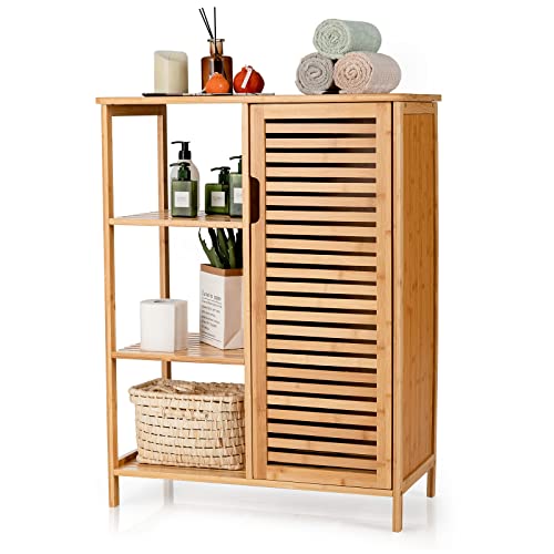 Giantex Bathroom Storage Cabinet Bamboo Floor Cabinet Free Standing Organizer, with 3-Tier Open Shelf & Multipurpose Closed Compartments for Kitchen, Living Room Giantex