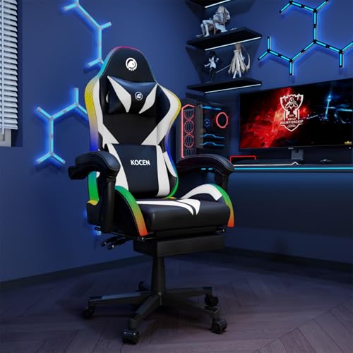 Gaming Chairs for Adults Tall and Kids，Lumbar Support,LED Lights，High Back Reclining Computer Chair with Headrest (Black+White) OHFILA