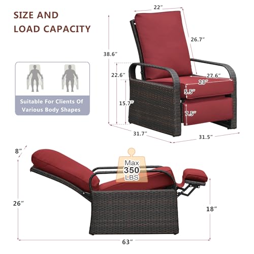 ATR ART TO REAL Outdoor Recliner, Outdoor Resin Wicker Patio Recliner Chair with 5.5'' Cushions, Patio Furniture Auto Adjustable Rattan Sofa, UV/Fade/Water/Sweat/Rust Protected, Easy to Assemble (Red)