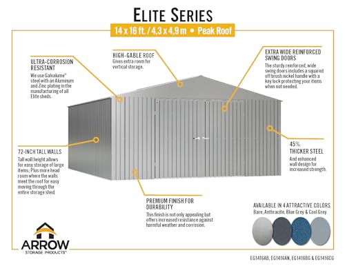 Arrow Shed Elite 14' x 16' Tall Outdoor Steel Storage Shed with High Gable and Lockable Doors Storage Building, Cool Grey Arrow