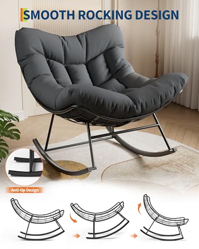 GarveeLife Outdoor Papasan Rocking Chair, Oversized Rocking Chair with Sturdy Metal Frame, Patio Egg Rocker for Balcony Backyard Porch Bedroom, Grey
