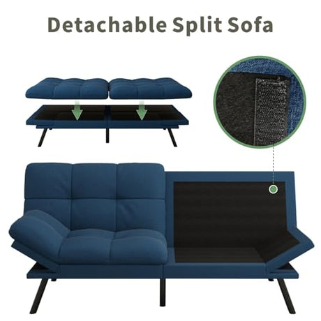 MUUEGM 71-Inch Futon Sofa Bed, Convertible Loveseat Sleeper | Modern Blue Linen Fabric | Adjustable Couch for Living Room & Small Spaces MUUEGM