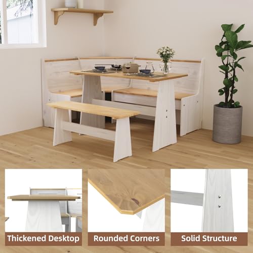 Gracava Breakfast Nook Table Set for Kitchen - White Bench Seating for Dining Room with Space Saving Solid Wood L Shaped Corner Dining Table Set Apartment for 4 to 6 People Gracava