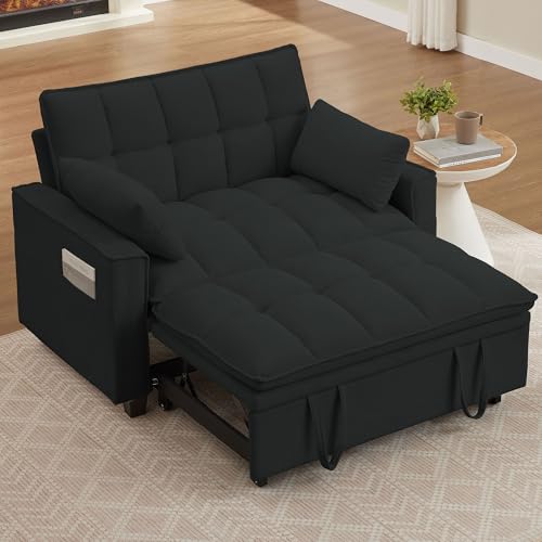 Portaforta Sleeper Sofa with Pull Out Couch Bed, 48.43" Convertible Pull-Out Sofa Bed Chair, 3-in-1 Futon Couch with Reclining Backrest and Side Pockets for Living Room Bedroom Apartment, Light Grey Portaforta