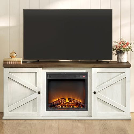 VASAGLE Fireplace TV Stand for TVs up to 65 Inches, 18-Inch ELectric Fireplace with Remote, Farmhouse Entertainment Center, Media Console Table for Living Room, Rustic White and Honey Brown ULTV540W01 VASAGLE