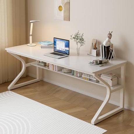 OSCHF Extra Long Desk with Bookshelf - 63" Double Long Writing Table for 2-Person Workstation, Modern Study Work Computer Desk for Home and Office, Warm White OSCHF