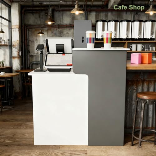 HPLWYM White Grey Reception Desk with Counter, Reception Table with Lockable Drawer, Front Desk Reception Room Table for Office Lobby Cafe Salon HPLWYM