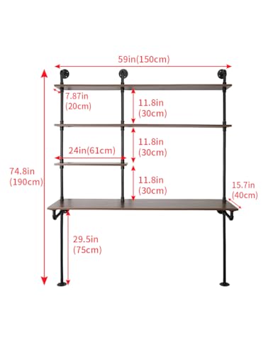 OLDRAINBOW Industrial Pipe Computer Desk with Shelves,Wall Mounted Laptop Desks for Small Spaces,59 inch Bookshelf Narrow Writing Desk with Floating Shelves OLDRAINBOW