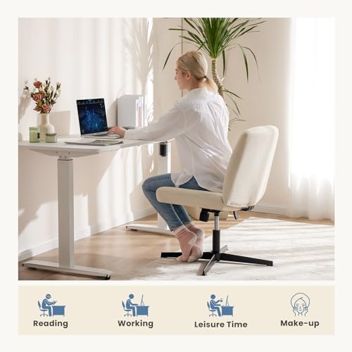 DUMOS Criss Cross Chair No Wheels Wide Cross Legged Office Desk Vanity Chair Comfy Fabric Armless Adjustable Swivel for Home Computer Task (Beige) DUMOS