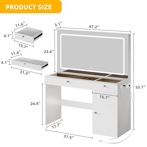 DWVO 47" W Vanity Desk with LED Light and Power Outlets, Large Makeup Vanity with Dividers and Hair Dryer Rack, 3 Level Storage Dresser Makeup Vanities Dressing Table for Bedroom, White - WoodArtSupply