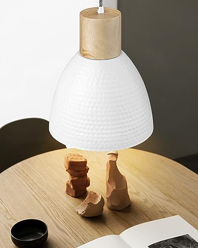 ELYONA Modern Pendant Light Fixtures, 10.2” Hammered Metal & Rubber Wood Island Hanging Lamp, Adjustable Height, Pendant Lighting for Kitchen,Farmhouse Bar,Dining Room,Bedroom, Nordic White ELYONA