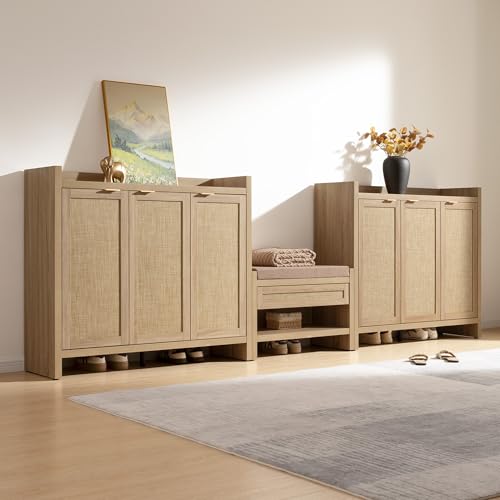 SICOTAS Shoe Storage Cabinet, 30 Pairs Rattan Shoe Cabinet Storage for Entryway, 6-Tier 41" Tall Large Shoe Cabinet, Boho Farmhouse Cabinet with Doors for Entryway Hallway Living Room, Light Oak SICOTAS