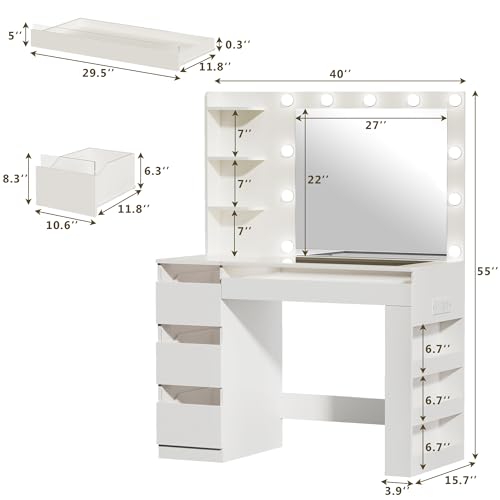 HUAHUU Vanity Desk with Lighted Mirror & Transparent Top, Makeup Vanity Desk with 4 Transparent Drawers and RGB Lighting, Built-in Power Outlet, 3-Tier Side Shelves & Storage Organizer for Bedroom HUAHUU