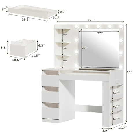 HUAHUU Vanity Desk with Lighted Mirror & Transparent Top, Makeup Vanity Desk with 4 Transparent Drawers and RGB Lighting, Built-in Power Outlet, 3-Tier Side Shelves & Storage Organizer for Bedroom HUAHUU