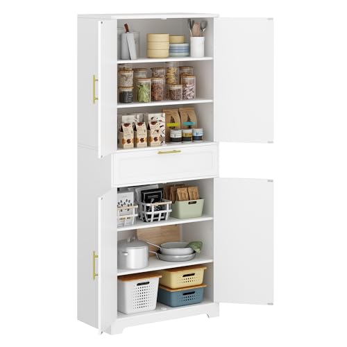 Hzuaneri 71" Kitchen Pantry Storage Cabinet, Tall Storage Cabinet with Adjustable Shelves, 1 Drawer, 4 Doors, Freestanding Cupboards Sideboard for Dining Room, Living Room, Laundry, White PT1 - WoodArtSupply