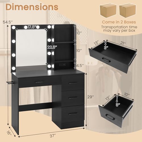 GOFLAME Makeup Vanity Desk with Lights, Modern Dressing Table with Charging Station, Hair Dryer Holder, 4 Large Drawers & 3-Tier Hutch, 3-Color Lights Adjustable, Black Vanity Table for Bedroom GOFLAME