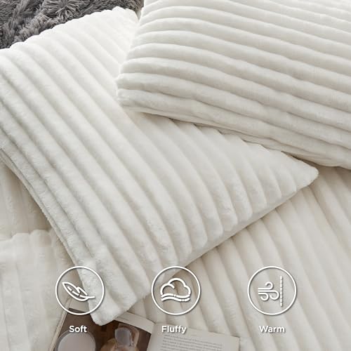 Bedsure Fluffy Duvet Cover Set - Ultra Soft Plush Shaggy Comforter Cover King Size, Warm Flannel Fleece Bed Sets for Winter, 3 Pieces (Striped Pattern, Coconut White) Bedsure