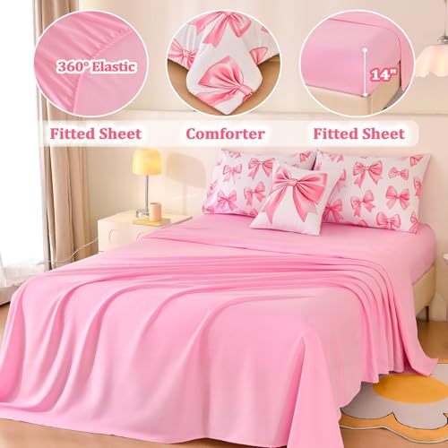 Tasselily 6 Pcs Bed in A Bag Full Comforter Set for Girls,Pink Bow Bedding,Bow Comforter Sets with Sheets for Kids Tasselily