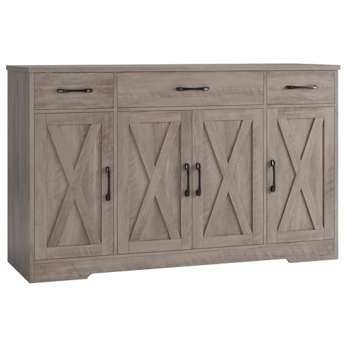 HOSTACK Buffet Sideboard Cabinet with Drawers, 55" Large Buffet Storage Cabinet with Shelves & 4 Doors, Modern Farmhouse Coffee Bar Cabinet Wood Buffet Table for Kitchen, Dining Room, Ash Gre - WoodArtSupply