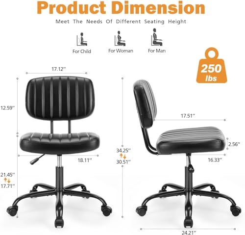 Sweetcrispy Small Office Desk Chair - Armless PU Leather with Comfy Lumbar Support, Height Adjustable Rolling Swivel Task for No Arms, for Adult, Student, Bedroom, Home, Vanity, Black Sweetcrispy