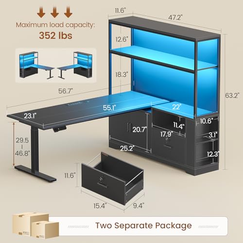 SEDETA 56.7" L Shaped Standing Desk, Reversible Computer Office Desk with Drawers & Hutch, Stand Up Corner Gaming Desks with LED Lights & Power Outlets for Home Office, Black SEDETA