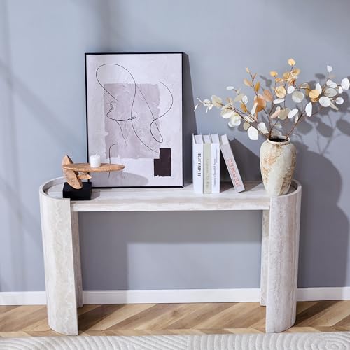 BFJDM 53" Faux Travertine Stone Console Table for Entryway, Sofa Entrance Table with Faux Mars Marble Pattern, Modern Sofa Tables with Round Raised Edge Design for Living Room, Hallway, Foyer, Beige BFJDM