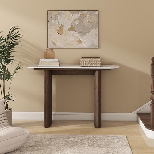 THKSHOUZ 47.24" Walnut Console Table with Sintered Stone Top, Fluted Solid Wood Base Sofa Table, Mid Century Modern Entryway Table for Hallway, Behind The Couch, Living Room, Foyer, Easy Assembly THKSHOUZ