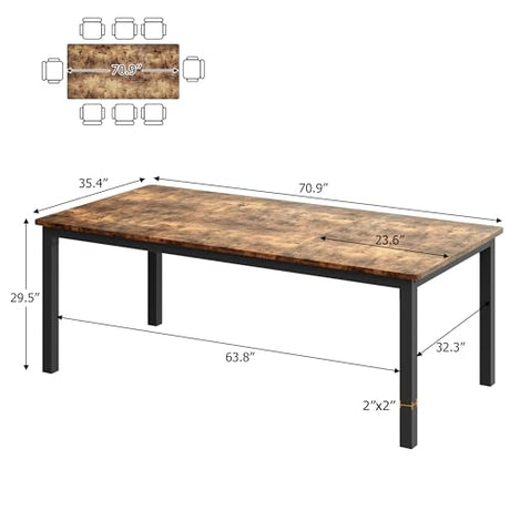 dainslef 71 Inch Industrial Dining Table, Large Rectangle Kitchen Table with Metal Legs, Round Corners, Wooden Conference Tables Writing Desk for Dining Room, Living Room, Retro Brown dainslef