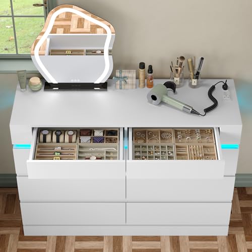 Furniouse Modern 6 White Drawer Dressers for Clothes Organizer & 2 Storage Drawers Wide Chest of Drawers with Charging Station & LED Lights, for Bedroom, Living Room Furniouse