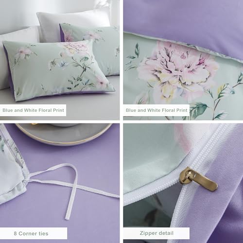 BOLINLIVING Floral Duvet Cover King Size 3 Pieces, Flower Duvet Cover with 2 Pillow Shams, Soft Floral Bedding Set Sage Green and Purple for All Season, Breathable, Zipper Closure… BOLINLIVING