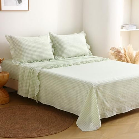 K MASANIJI Pile Green White Plaid Ruffle Gingham Sheets Full Size 4-Piece Set, 300TC 100% Yarn Dyed Cotton Sheets 18 in Deep Pocket Kids Preppy Decorative Bedding (Pile Green/White Plaid, Full) K MASANIJI