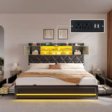 YITAHOME King Size Bed Frame with RGB LED Lights & Storage Bookcase Headboard, Upholstered Bed with Charging Station and 4 Drawers, No Box Spring Needed, Easy Assembly, Noise-Free, PU Leather Black YITAHOME