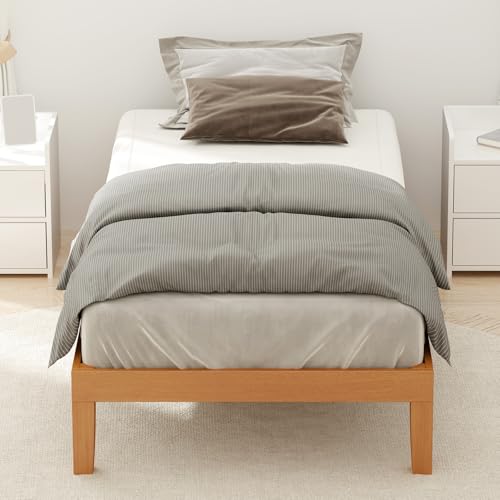 DUMOS Solid Wood Bed Frame, Twin Size Bed Base with Wood Slat Support, Sturdy, Stylish & Noise-Free Design, No Box Spring Needed, Easy Assembly, 12 in Natural Pine DUMOS